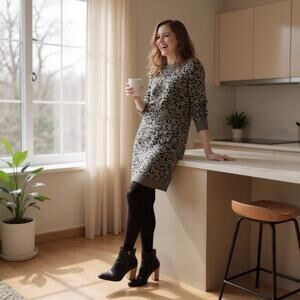 LOFT Leopard Print Sweater Dress Gray Long Sleeve Wool Womens Small Petite SP